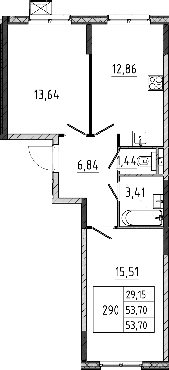 Планировка: 2-комнатная квартира 53,7 м² в ЖК «Поварово-Молодежный-2»