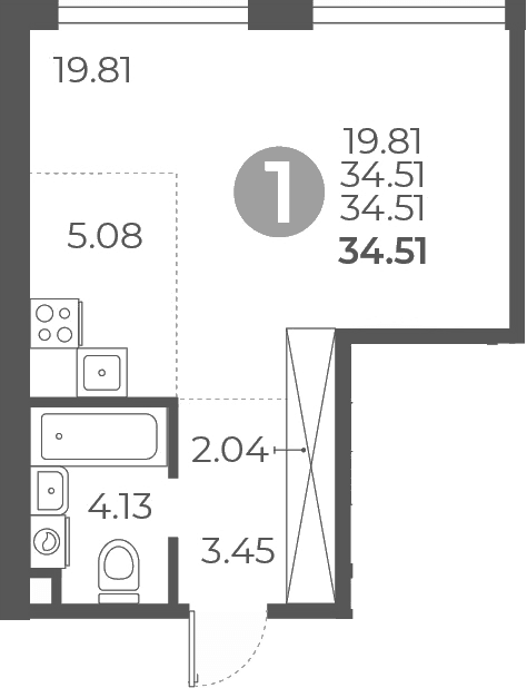 Планировка: Студия 34,5 м² в ЖК «Мневники от Гранель»