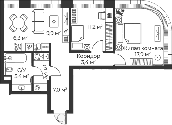 Планировка: Евротрёшка 64,4 м² в ЖК «Веер»