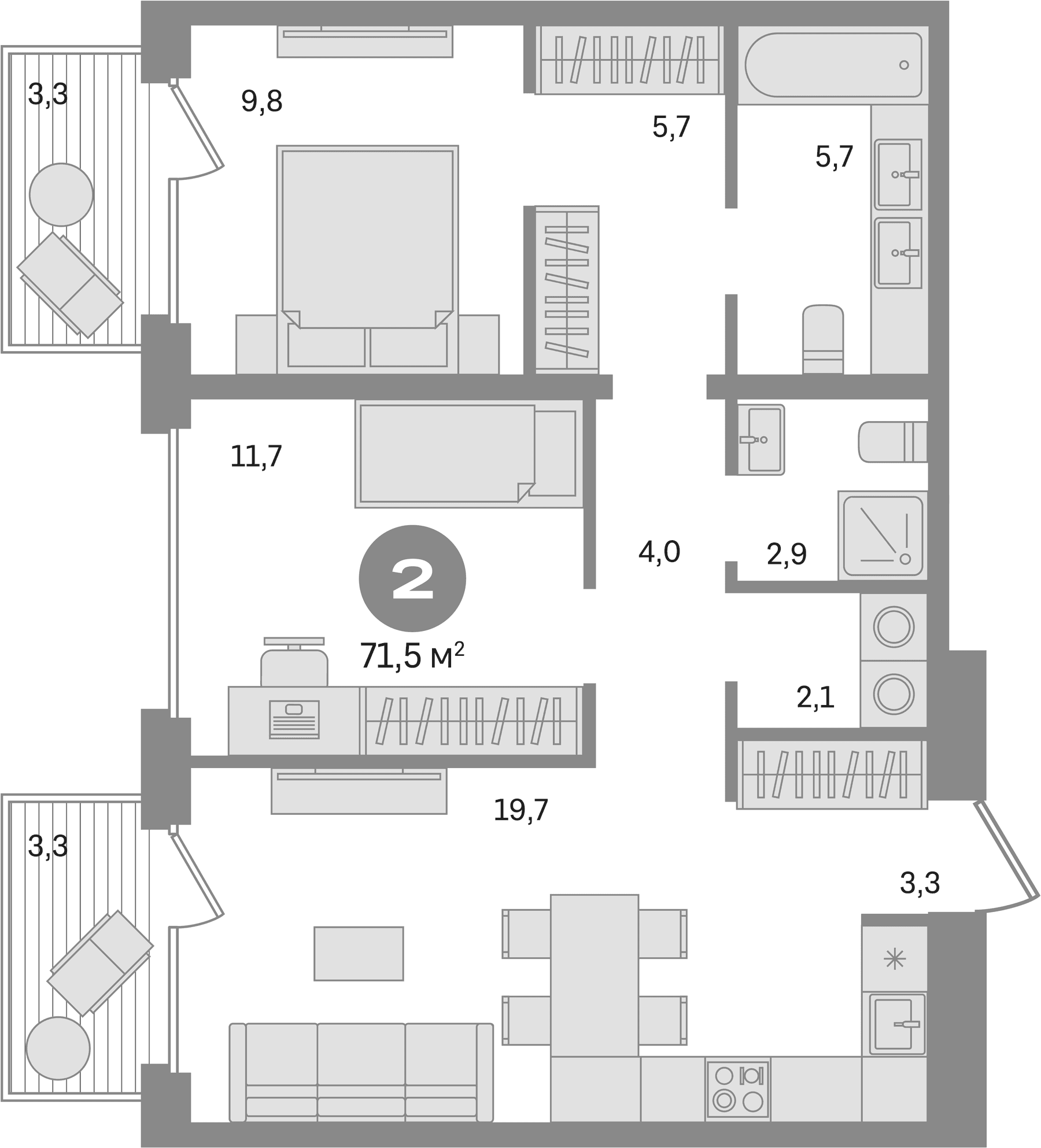 Планировка: 2-комнатная квартира 64,8 м² в ЖК «Дом А»