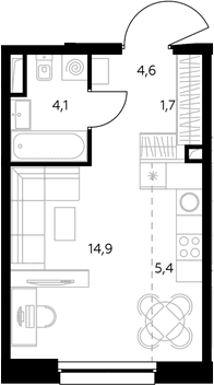 Планировка: Студия 30,8 м² в ЖК «Адмирал»