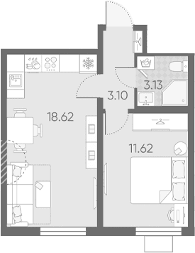 Планировка: Евродвушка 36,5 м² в ЖК «Морская миля»