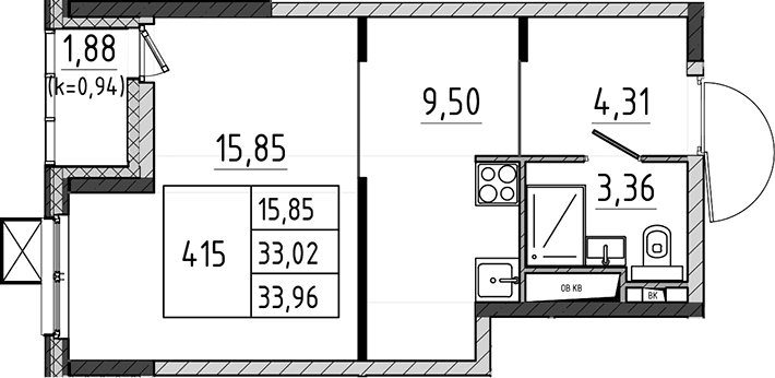 Планировка: Студия 33 м² в ЖК «Поварово-Молодежный-2»