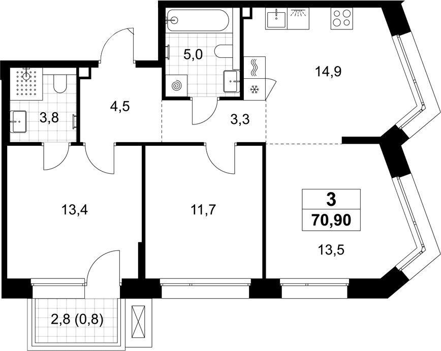 Планировка: Евротрёшка 70,1 м² в ЖК «Хольм»