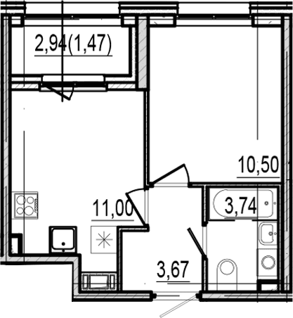 Планировка: 1-комнатная квартира 28,9 м² в ЖК «Оптимист»