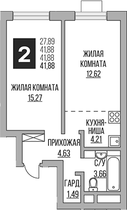 Планировка: Евродвушка 41,9 м² в ЖК «Гранель Ильинойс»