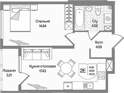 Планировка: Евродвушка 40,9 м² в ЖК «Охтинские высоты»