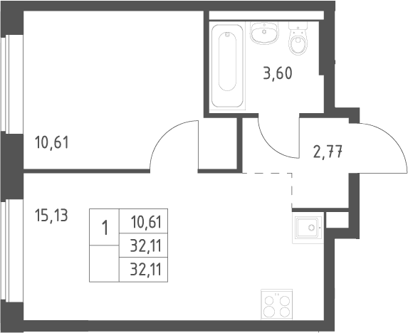 Планировка: Евродвушка 32,1 м² в ЖК «Большое Юрлово»