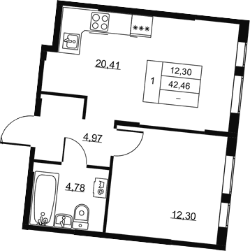 Планировка: Евродвушка 42,5 м² в ЖК «Высота. Всеволожск»