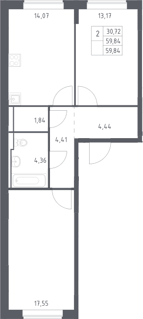 Планировка: 2-комнатная квартира 59,8 м² в ЖК «Прибрежный Парк»