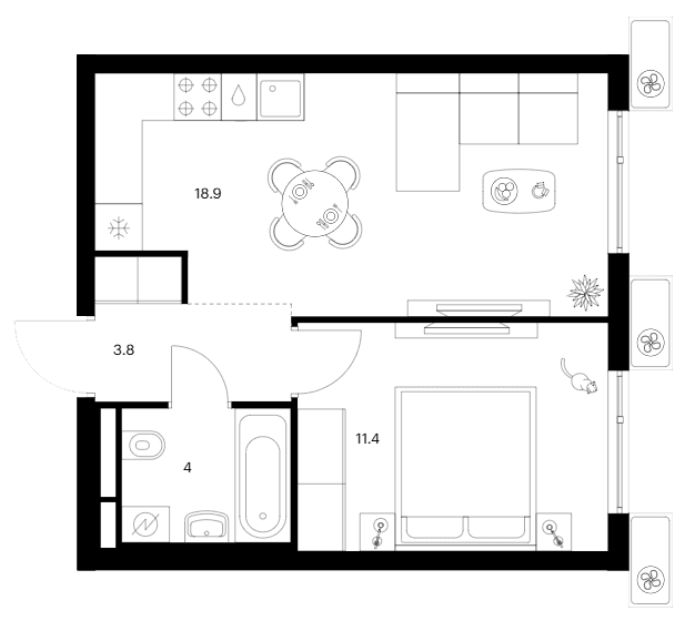 Планировка: 1-комнатная квартира 38,1 м² в ЖК «Белая Дача парк»