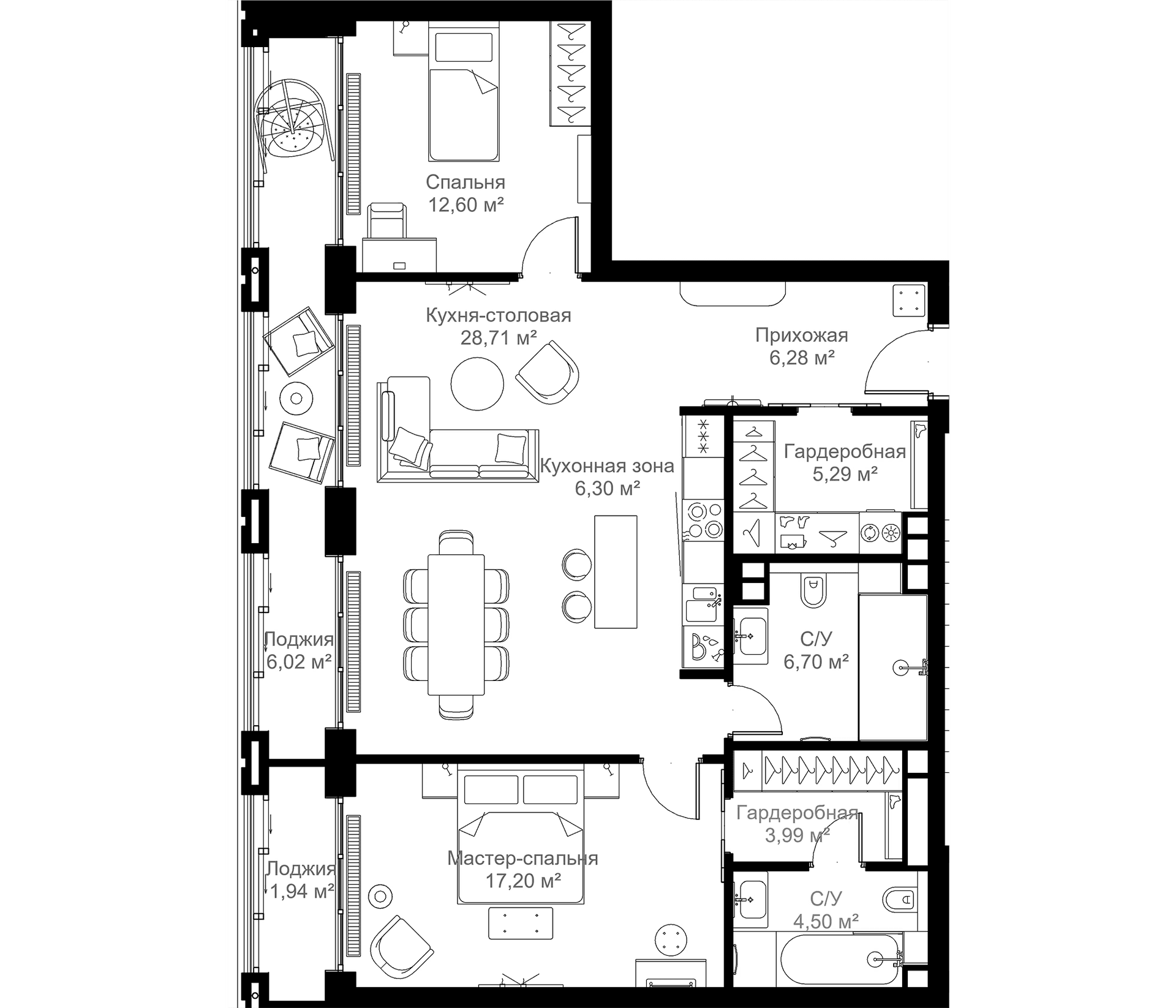 Планировка: 2-комнатная квартира 91,6 м² в ЖК «МЫС»