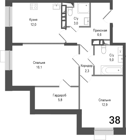 Планировка: 2-комнатная квартира 63,7 м² в ЖК «Киноквартал»