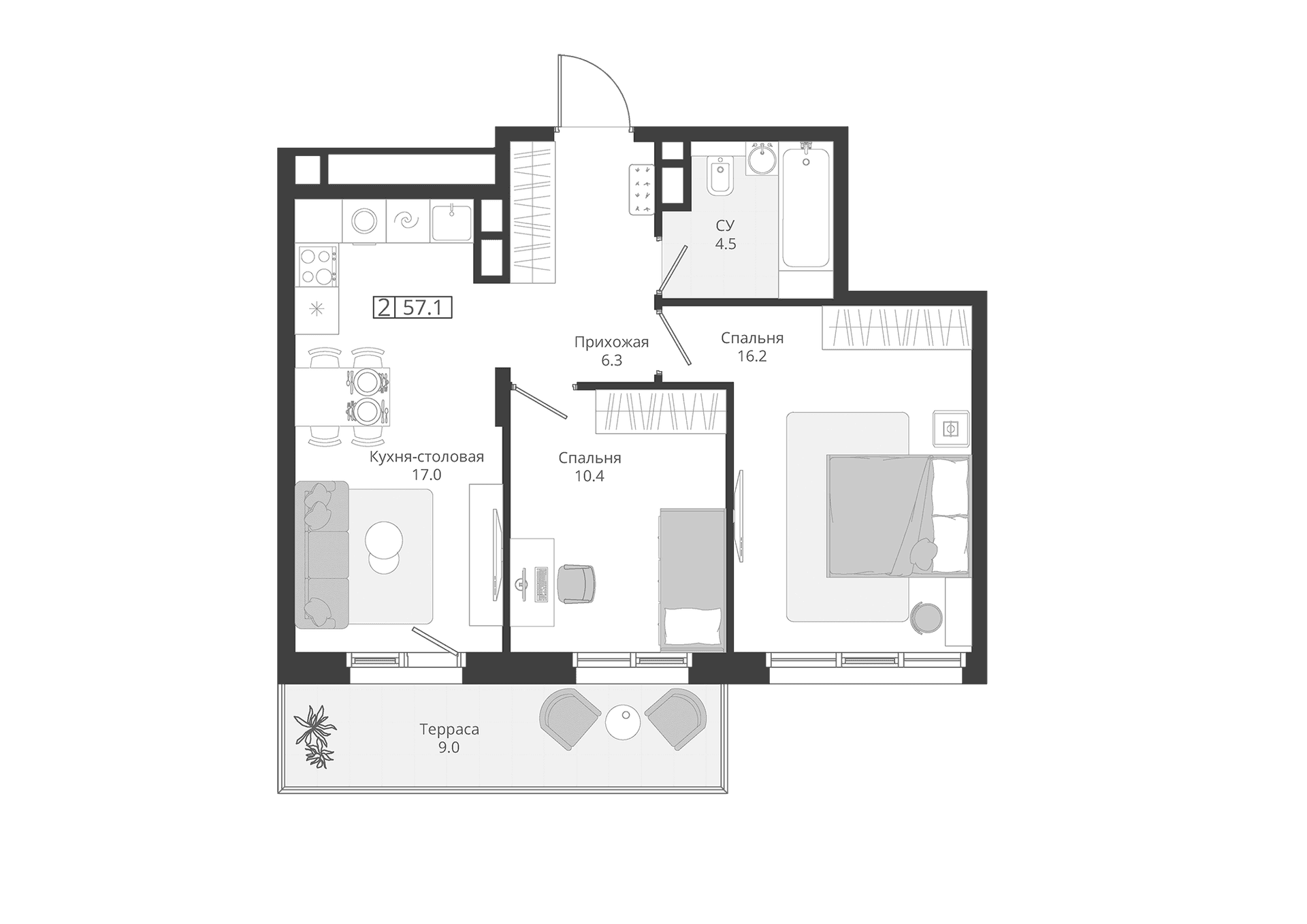 Планировка: Евротрёшка 54,4 м² в ЖК «ГРЭЙ»