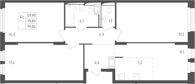 Планировка: Квартира евро-4 79,8 м² в ЖК «Мытищи Парк»