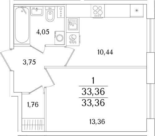 Планировка: 1-комнатная квартира 33,4 м² в ЖК «Кинопарк»