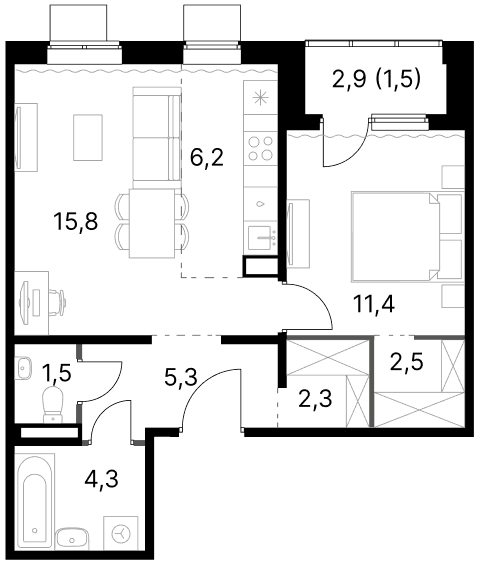 Планировка: Евродвушка 49,3 м² в ЖК «1-й Ясеневский»
