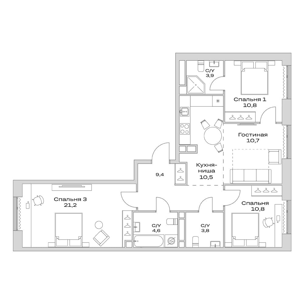 Планировка: Квартира евро-4 85,7 м² в ЖК «Детали»