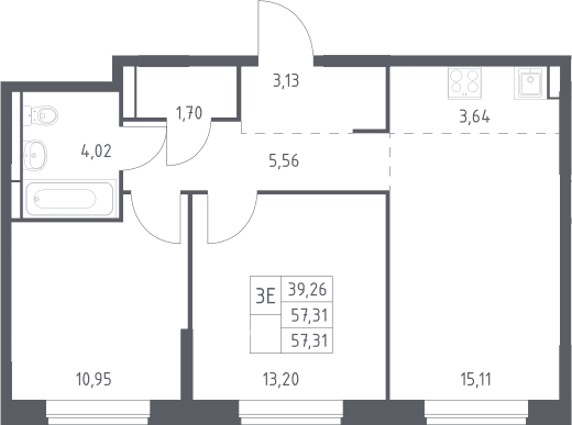 Планировка: Евротрёшка 57,3 м² в ЖК «Богдановский лес»