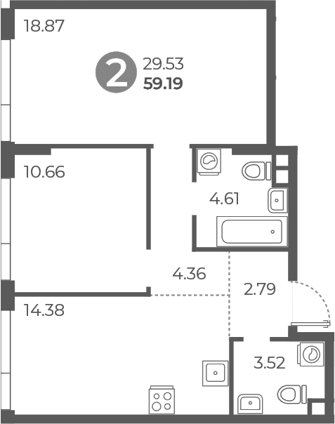 Планировка: 2-комнатная квартира 59,2 м² в ЖК «Нижегородская от Гранель»