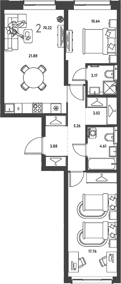 Планировка: 2-комнатная квартира 70,2 м² в ЖК «Страна.Парковая»