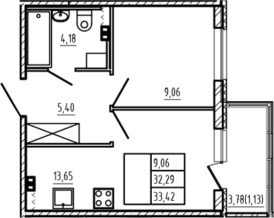 Планировка: 1-комнатная квартира 32,3 м² в ЖК «Новая история»
