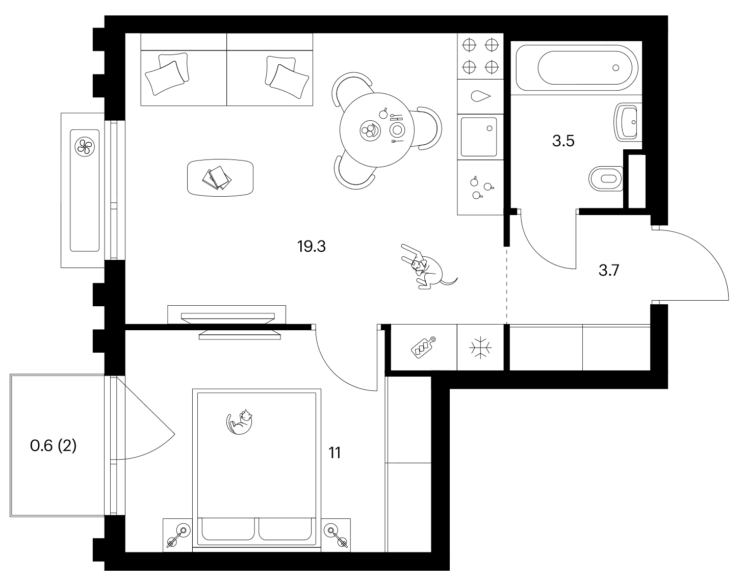 Планировка: 1-комнатная квартира 37,5 м² в ЖК «Белая Дача парк»