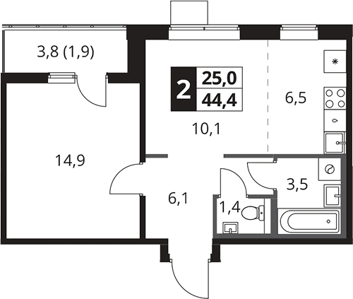 Планировка: Евродвушка 42,5 м² в ЖК «1-й Южный»