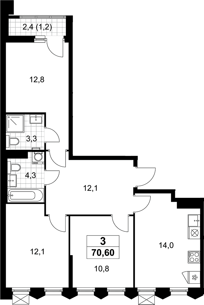 Планировка: Квартира евро-4 69,4 м² в ЖК «Деснаречье»