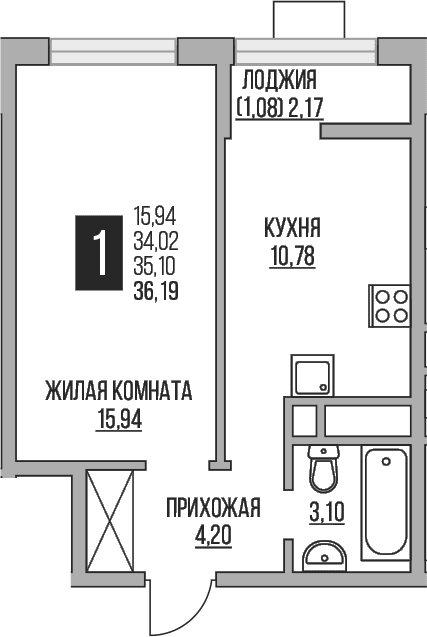 Планировка: 1-комнатная квартира 34 м² в ЖК «Гранель Пехра»