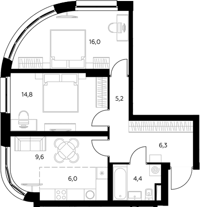 Планировка: Евротрёшка 62,3 м² в ЖК «Адмирал»