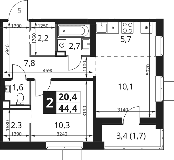 Планировка: Евродвушка 42,7 м² в ЖК «1-й Ясеневский»