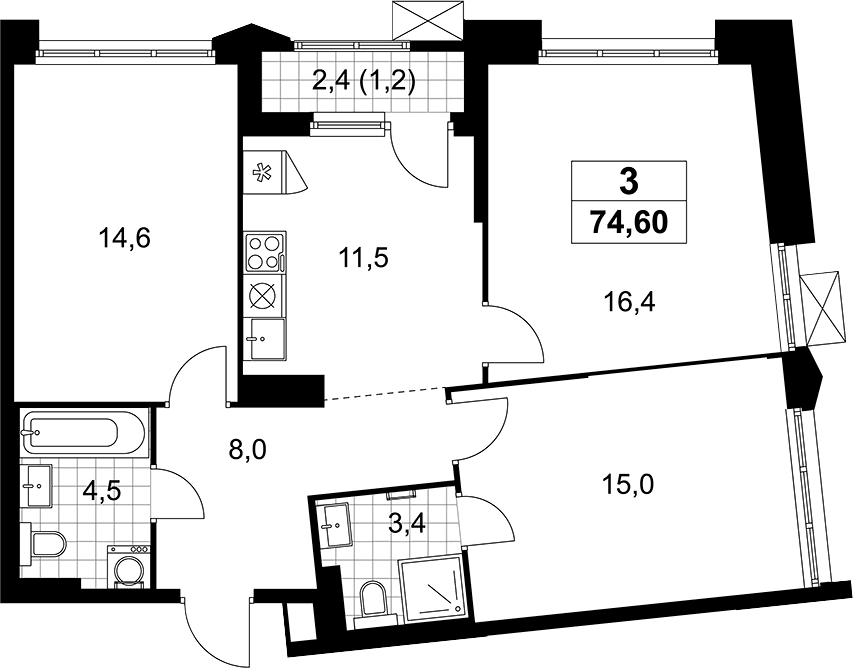 Планировка: 3-комнатная квартира 73,4 м² в ЖК «Деснаречье»