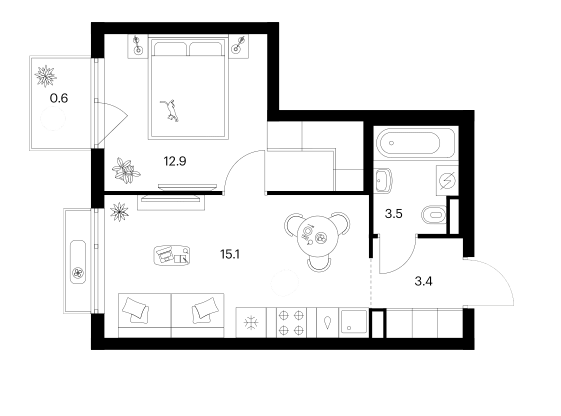 Планировка: 1-комнатная квартира 34,9 м² в ЖК «Зеленый парк»