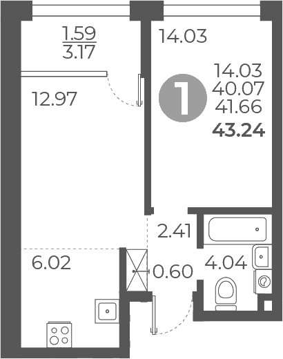 Планировка: 1-комнатная квартира 40,1 м² в ЖК «Мневники от Гранель»
