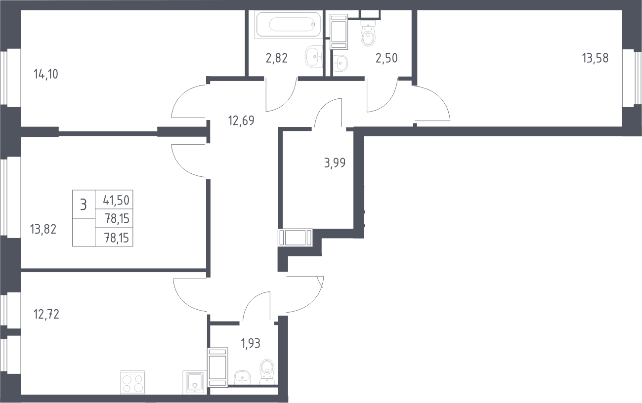 Планировка: 3-комнатная квартира 78,2 м² в ЖК «Большое Путилково»