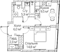 Планировка: 1-комнатная квартира 37,6 м² в ЖК «СЕЗАР БУДУЩЕЕ»