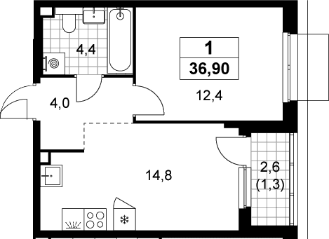 Планировка: 1-комнатная квартира 35,6 м² в ЖК «Деснаречье»