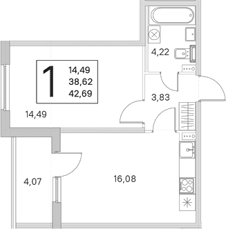 Планировка: Евродвушка 38,6 м² в ЖК «Любоград в Стрельне»