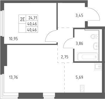 Планировка: Евродвушка 40,5 м² в ЖК «Пригород Лесное»