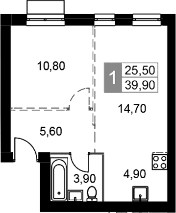 Планировка: Евродвушка 39,9 м² в ЖК «Апрелевка Клаб»