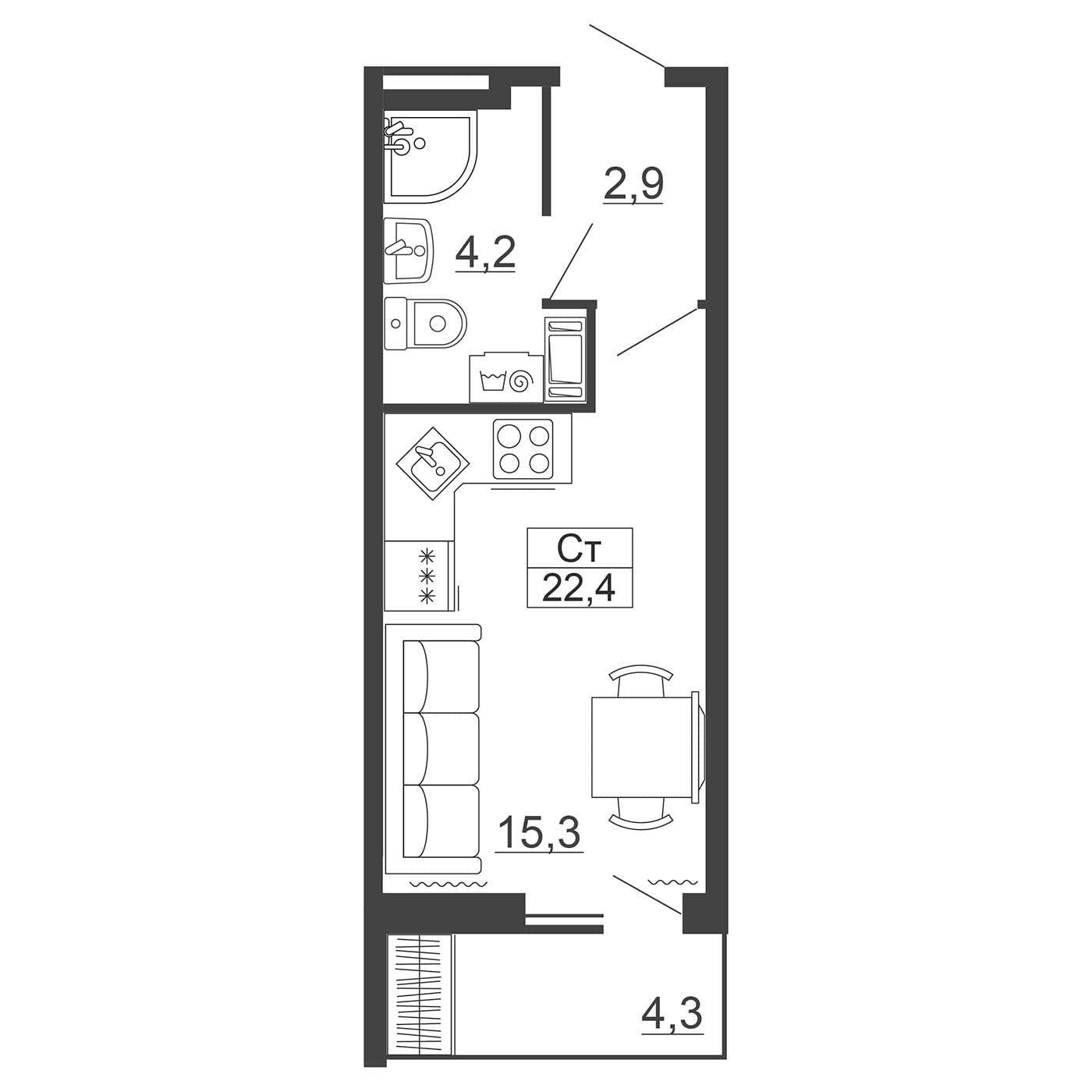 Планировка: Студия 22,4 м² в ЖК «Рубеж»