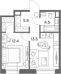 Планировка: 1-комнатная квартира 38,7 м² в ЖК «Станиславский»