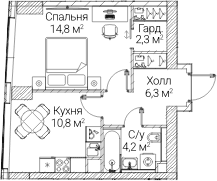 Планировка: 1-комнатная квартира 38,5 м² в ЖК «СЕЗАР БУДУЩЕЕ»
