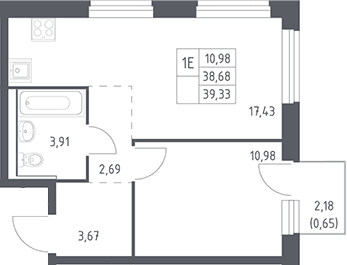 Планировка: Евродвушка 38,7 м² в ЖК «Рублевский квартал»