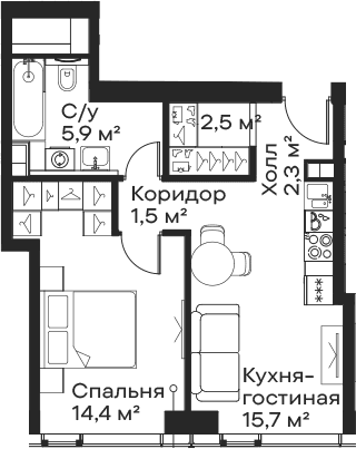 Планировка: Евродвушка 42,3 м² в ЖК «Сити Бэй»
