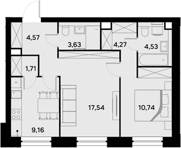 Планировка: 2-комнатная квартира 56,2 м² в ЖК «УЛЬТИМА Сити»