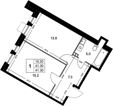Планировка: 1-комнатная квартира 41,3 м² в ЖК «Кореневский Форт 2.3»