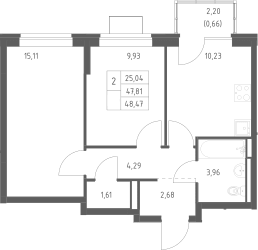 Планировка: 2-комнатная квартира 47,8 м² в ЖК «Богдановский лес»