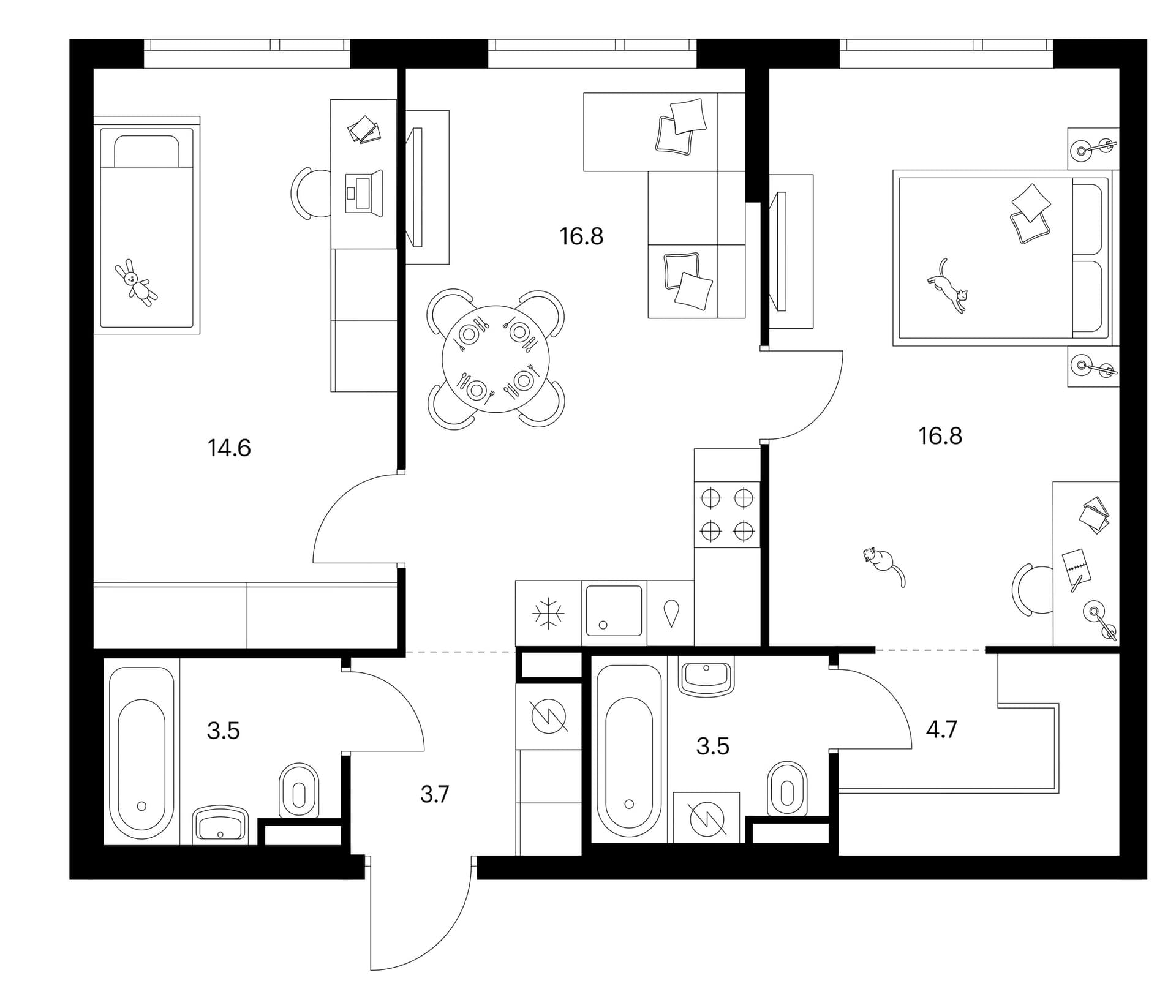 Планировка: 2-комнатная квартира 63,6 м² в ЖК «Зеленый парк»